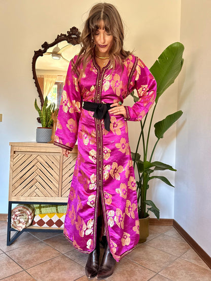 1970’s vintage fuchsia and gold floral weave brocade satin maxi dress