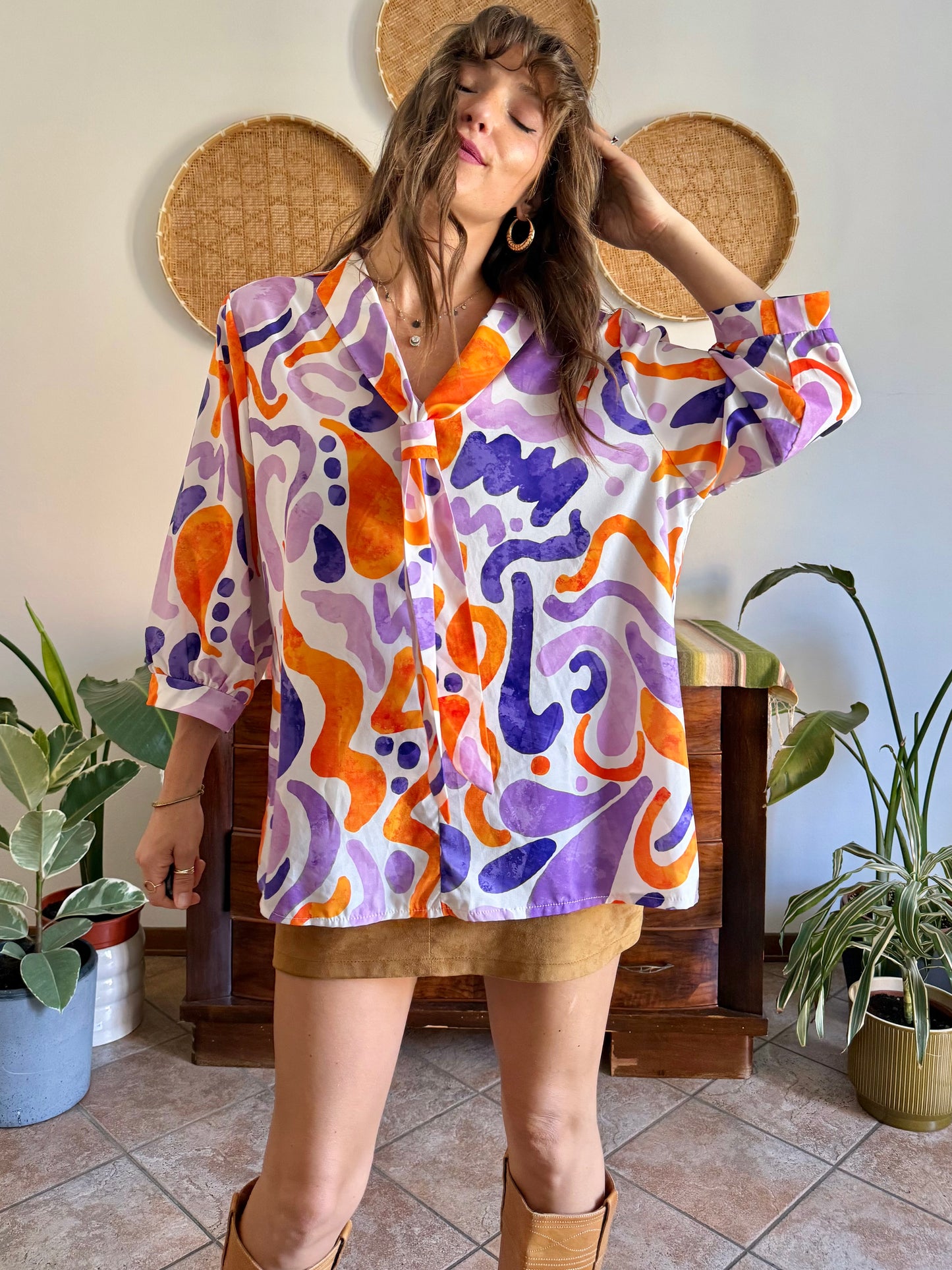 1970's vintage purple, orange and cream abstract print tie neck blouse