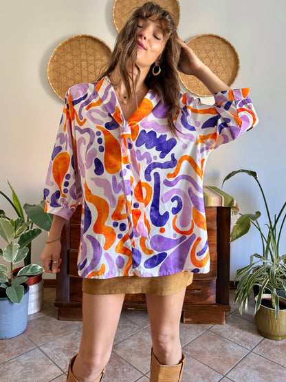 1970's vintage purple, orange and cream abstract print tie neck blouse