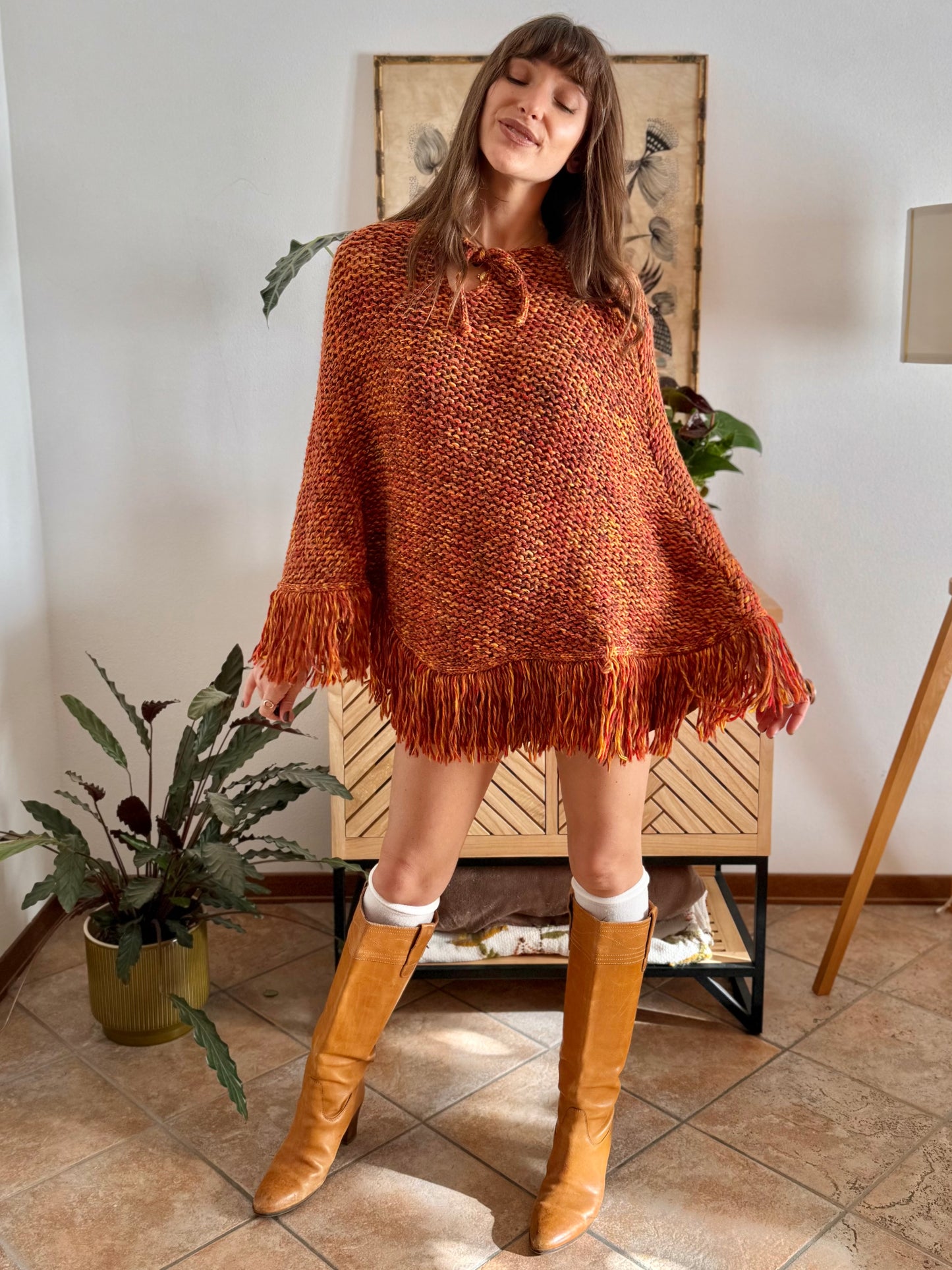 1970's vintage yellow and burgundy knit poncho with fringe details