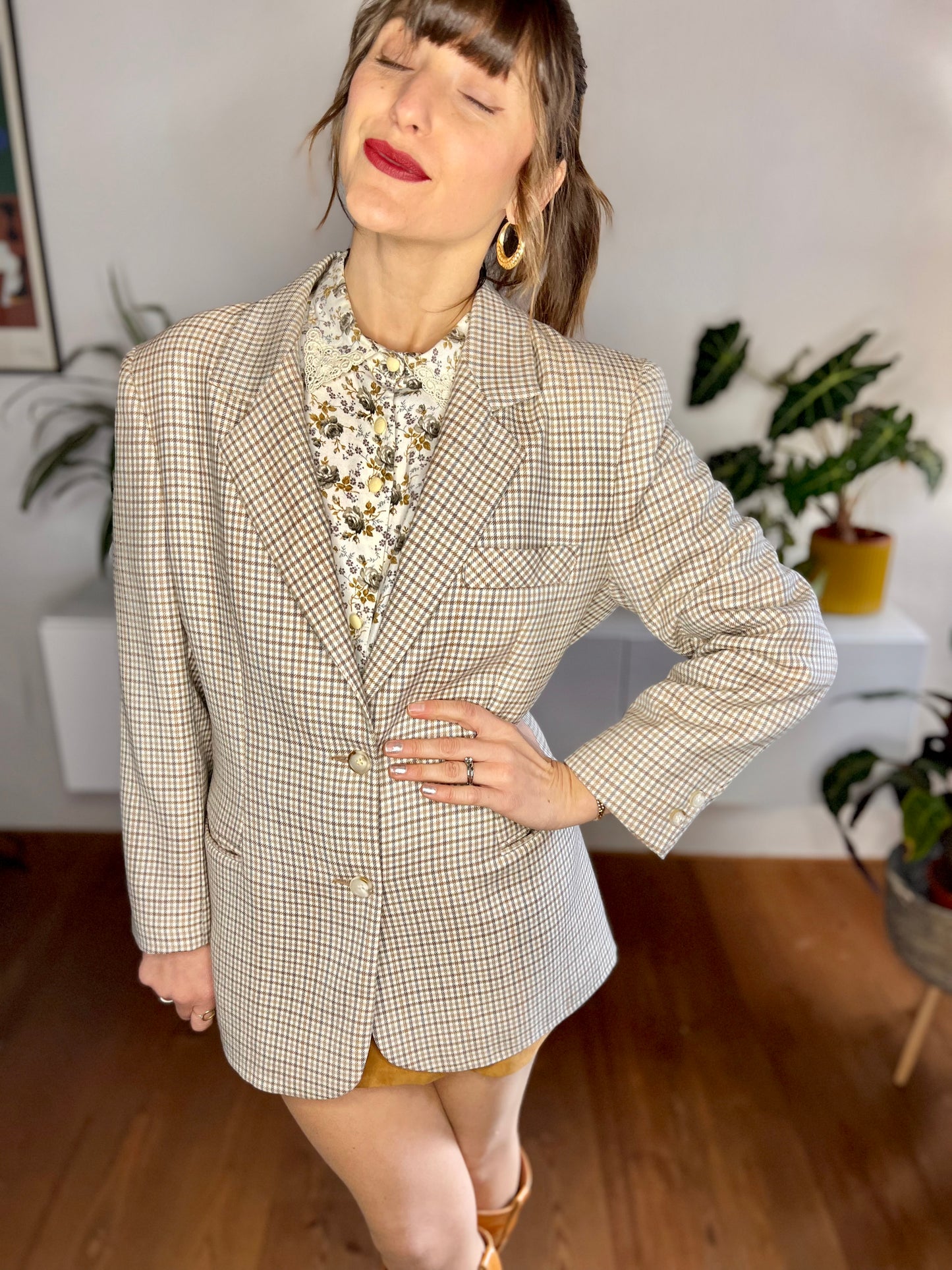 1970's vintage cream, blue and tan oversize plaid wool blazer