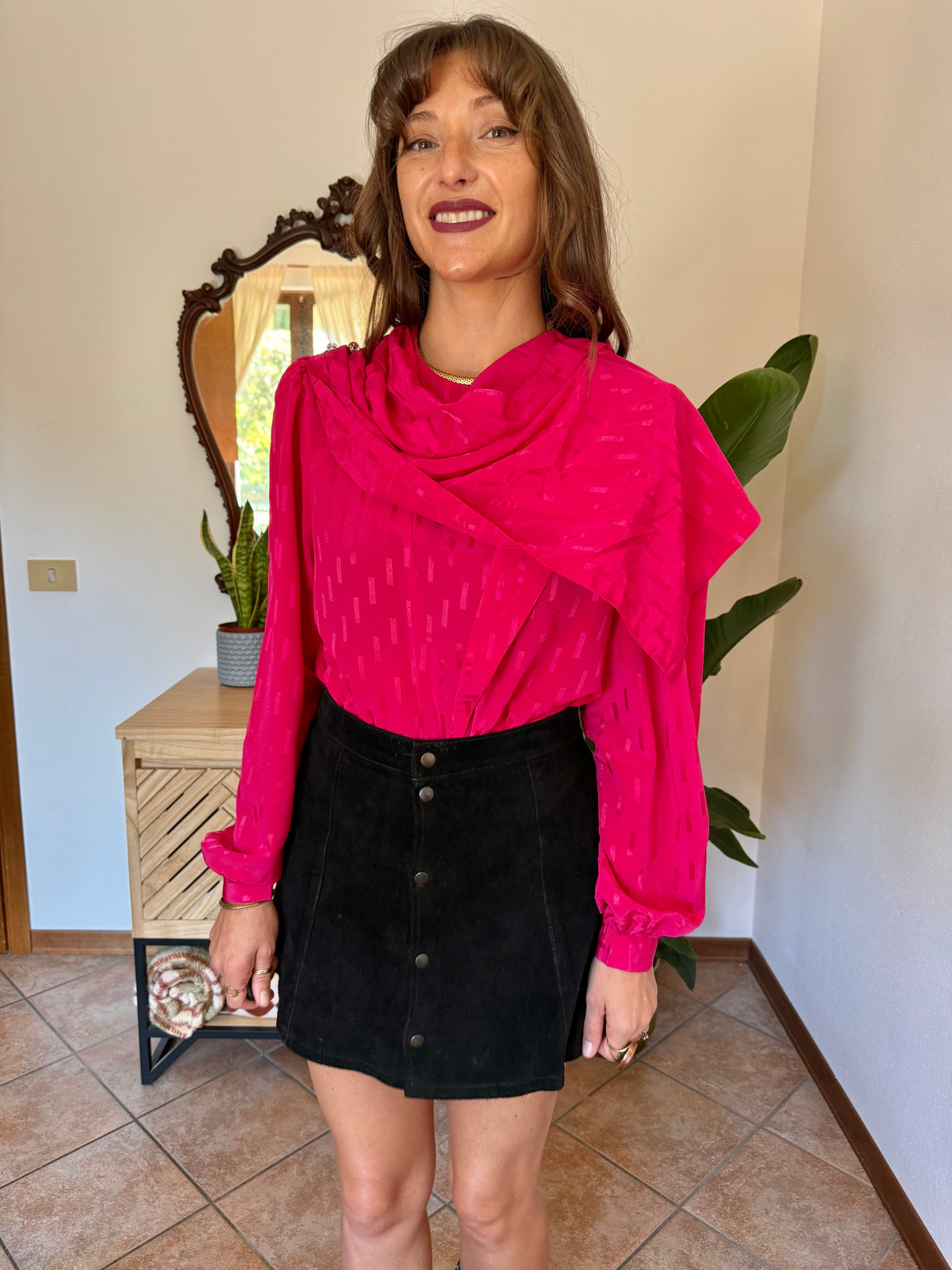 1970’s vintage fuchsia geometric weave blouse with scarf neck detail