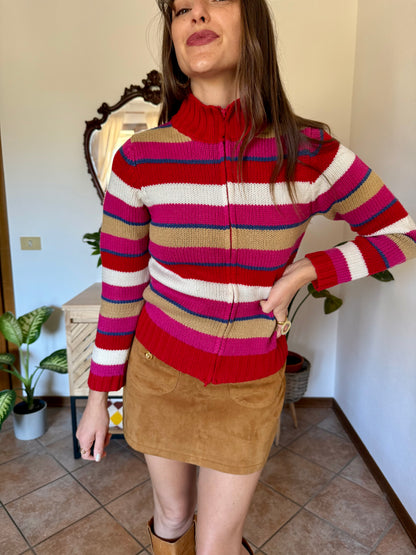 1990's vintage red, pink and blue stripe zip up wool knit cardigan
