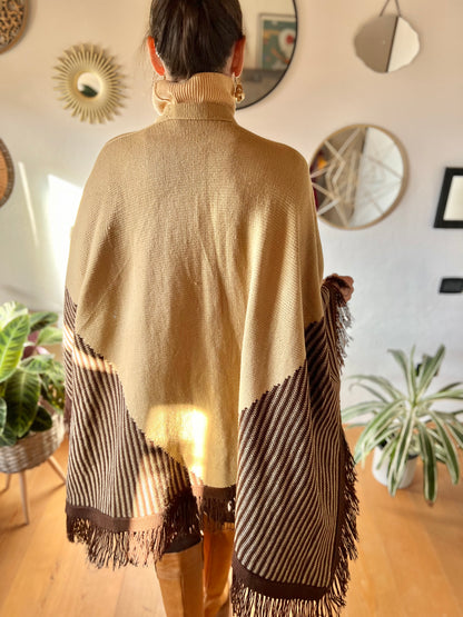 1970's vintage hand knit tan and chocolate brown geometric knit poncho with fringe detail