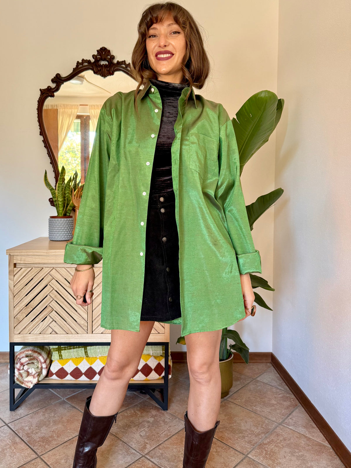 1970’s vintage oversize green and brown iridescent silk blouse