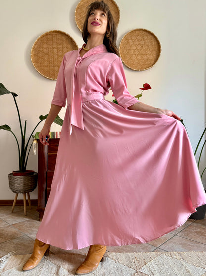 1970’s vintage pink maxi dress with bow tie collar
