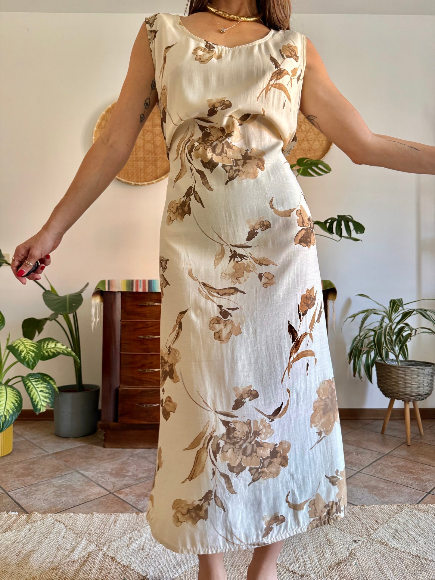 1990's vintage beige floral maxi dress with chocolate brown floral print