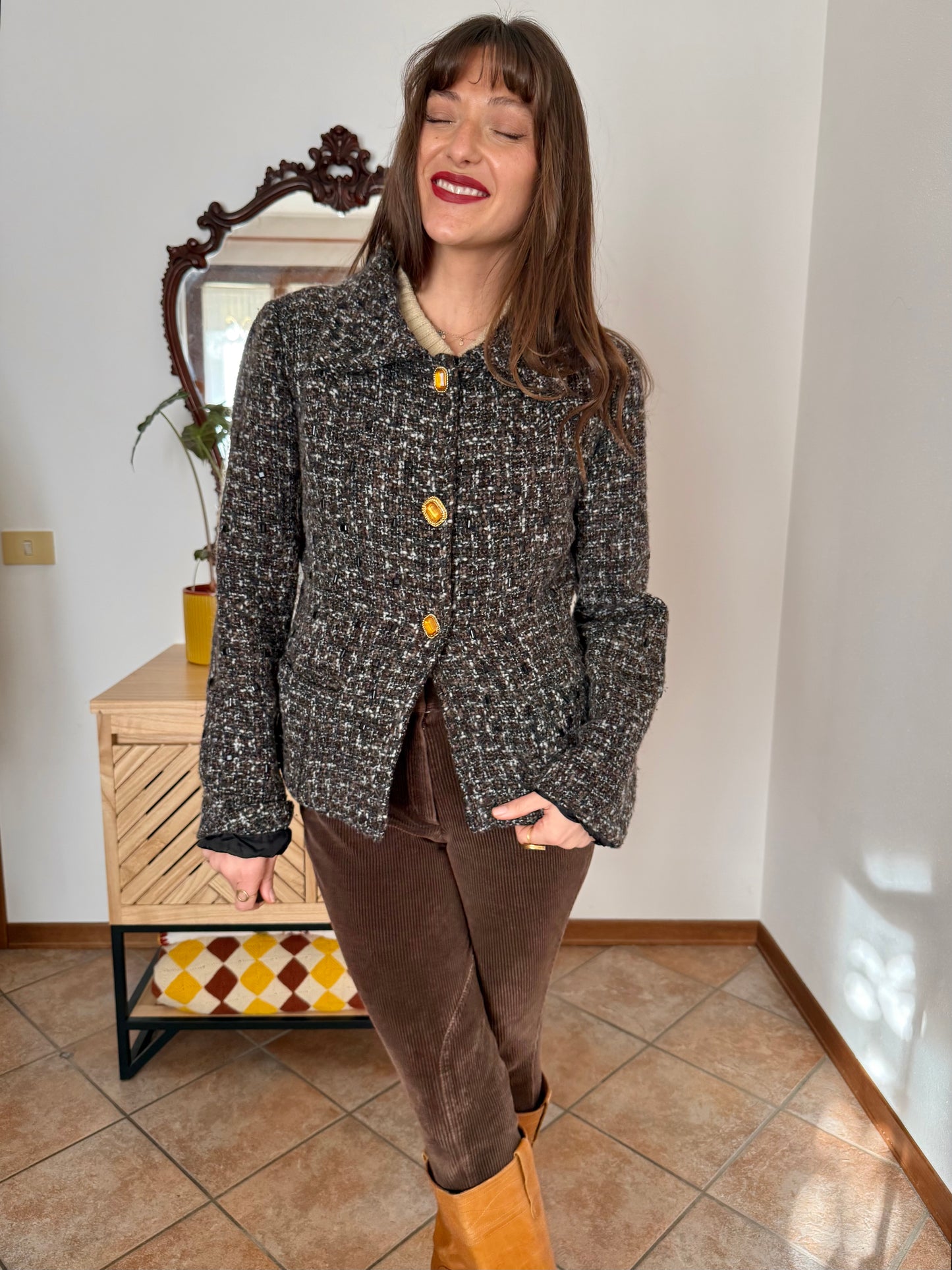 1990’s vintage black, khaki and cream boucle wool with gold and yellow glass buttons