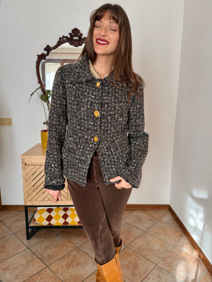 1990’s vintage black, khaki and cream boucle wool with gold and yellow glass buttons