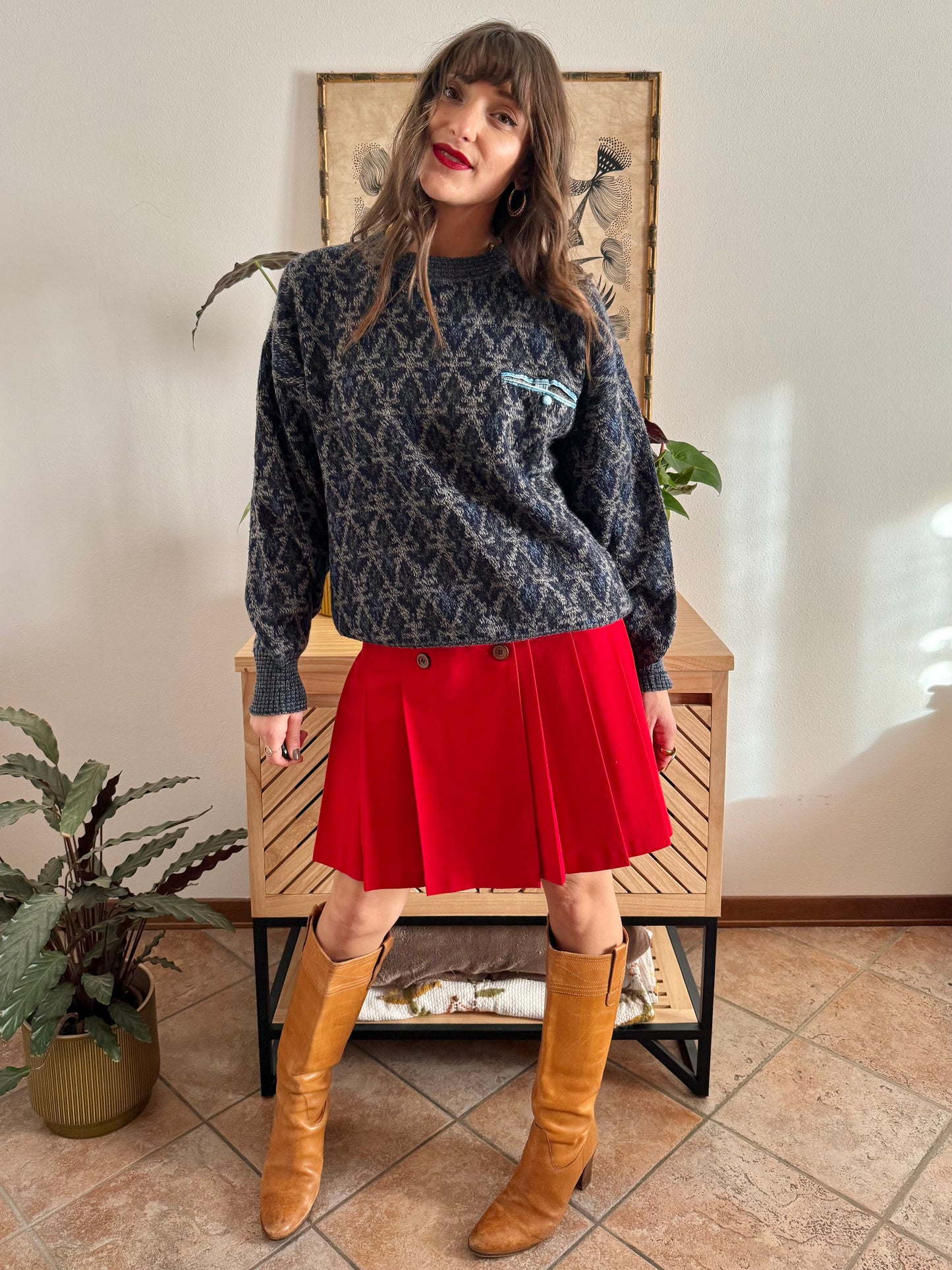 1970's grey wool pullover with blue geometric knit pattern and pocket detail