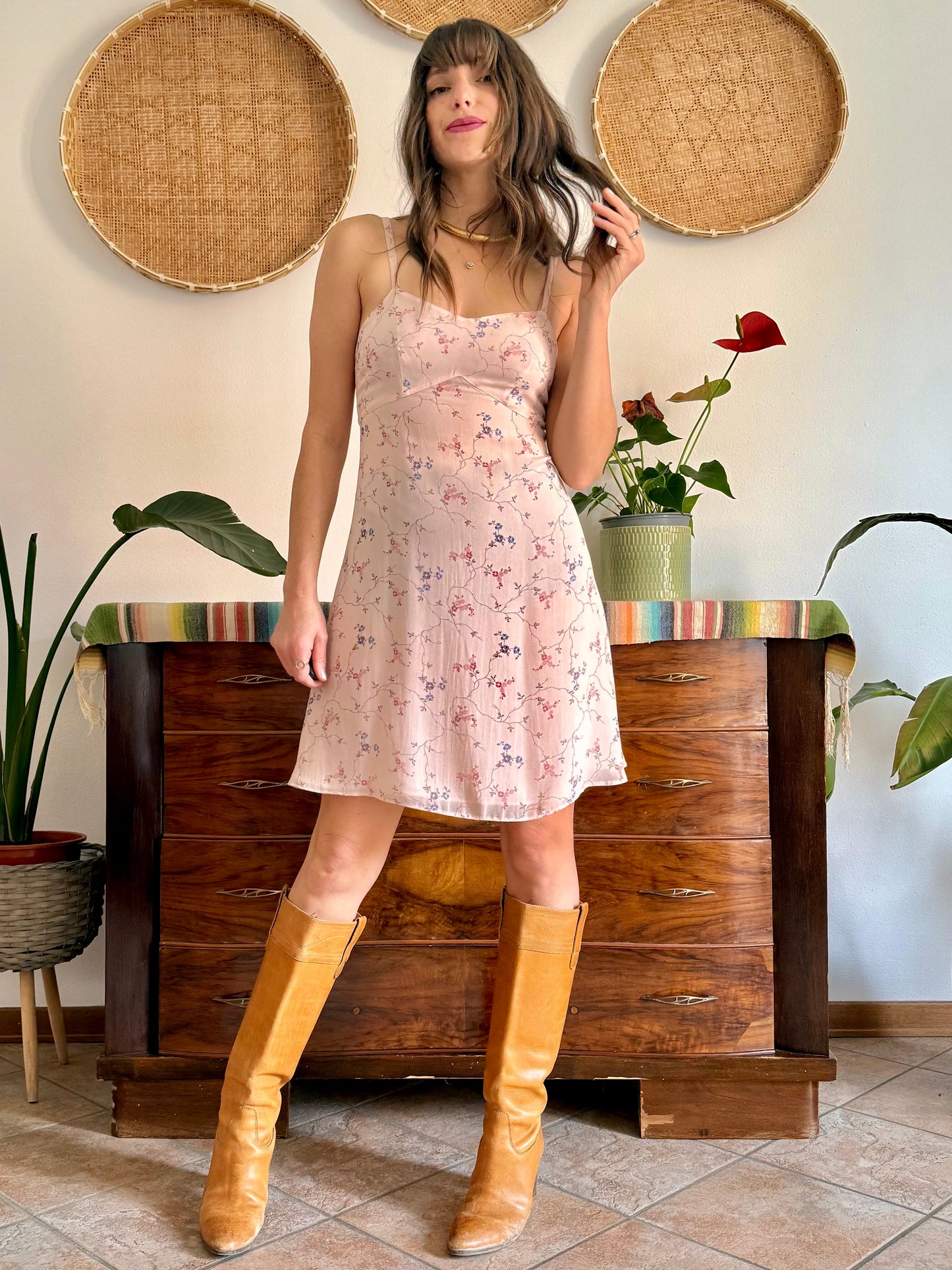 1990’s vintage powder pink slip dress with floral print