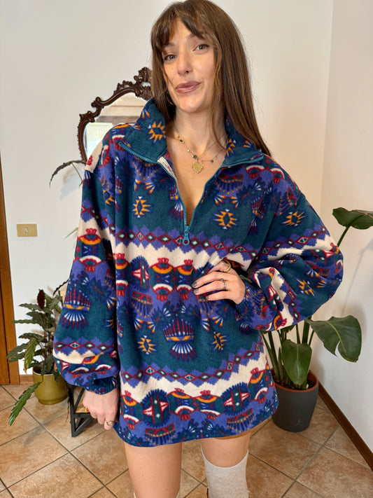 1990's vintage dark blue fleece pullover with multicolor aztec geometric pattern