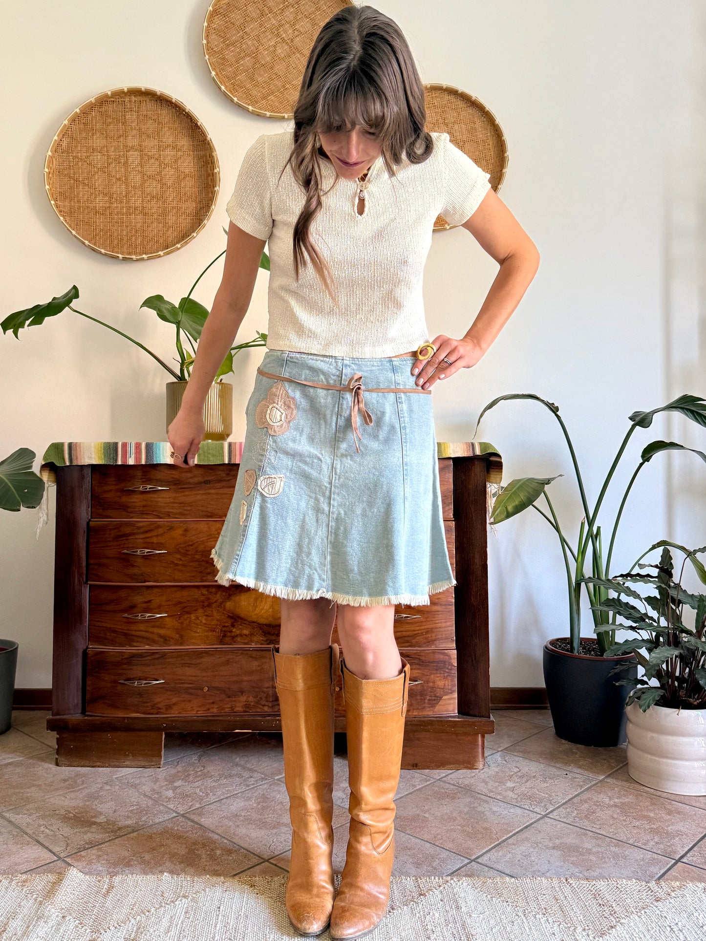 Y2K vintage denim skirt with beige floral patch detailing
