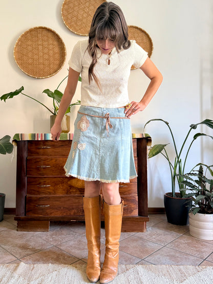 Y2K vintage denim skirt with beige floral patch detailing