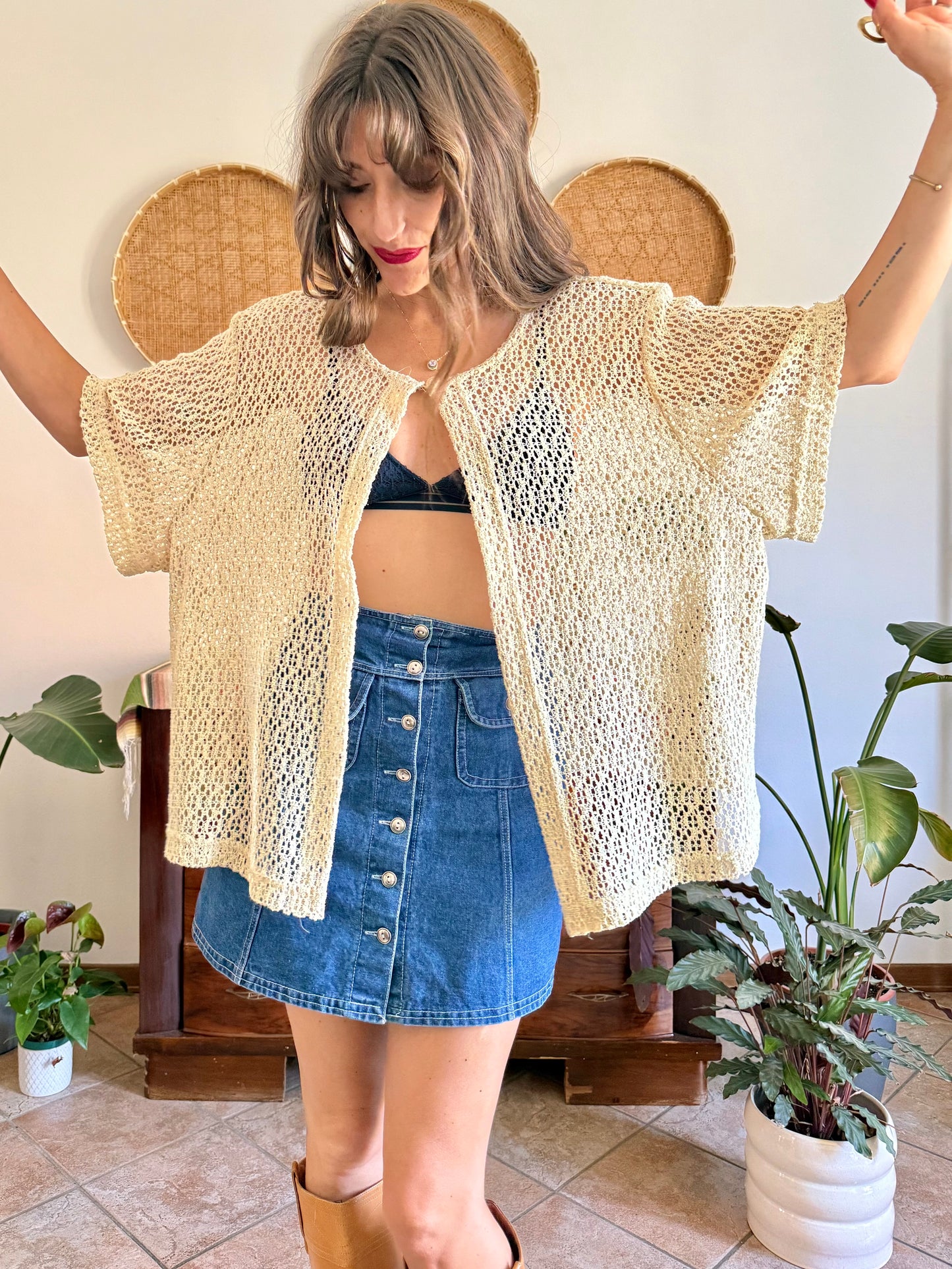 1970’s vintage oversize cream crocheted blouse