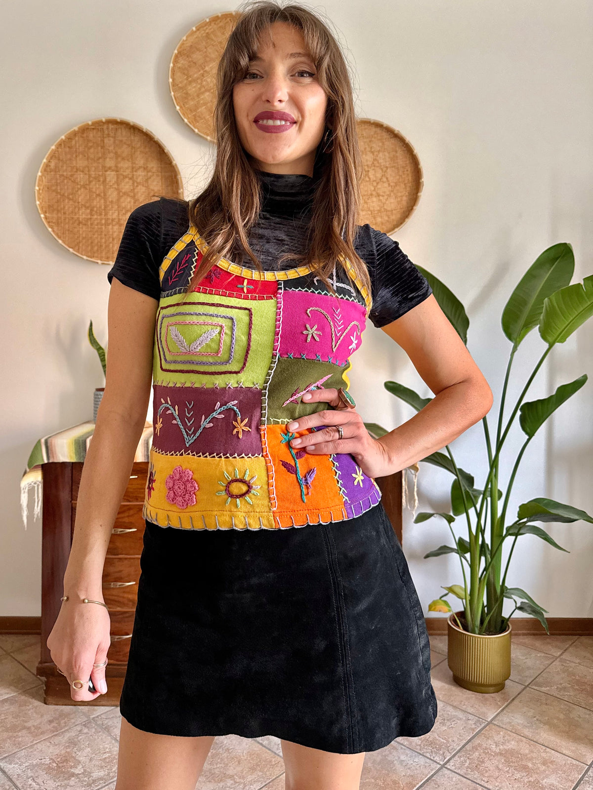 1990’s vintage multicolour patches or embroidered spaghetti strap top