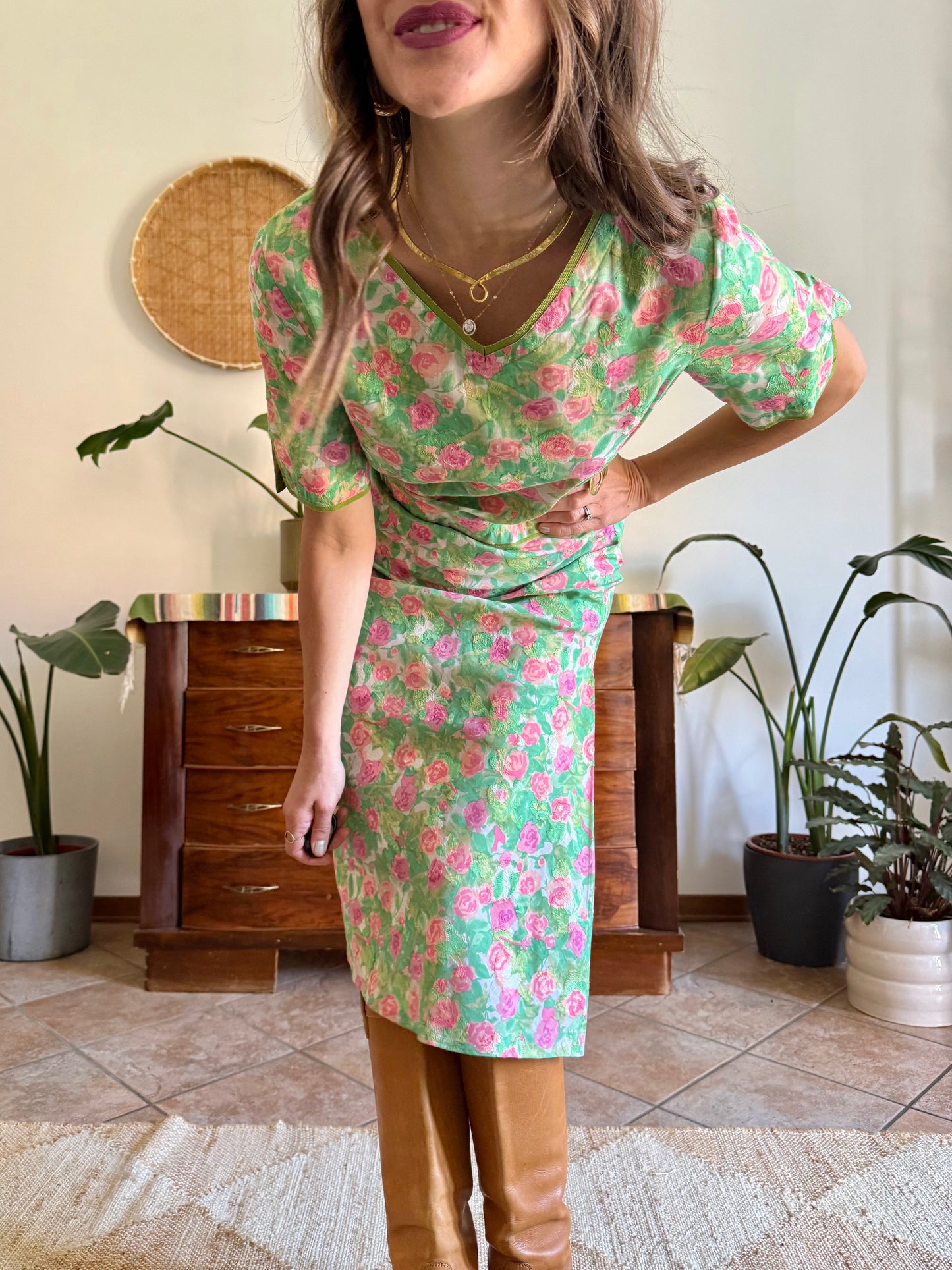 1960’s vintage semi sheer green, pink and white textured floral print midi dress