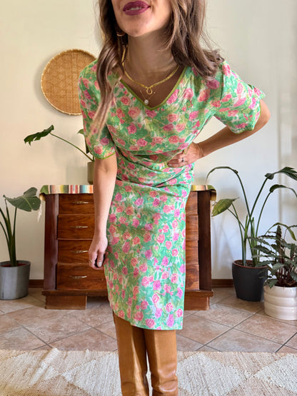 1960’s vintage semi sheer green, pink and white textured floral print midi dress