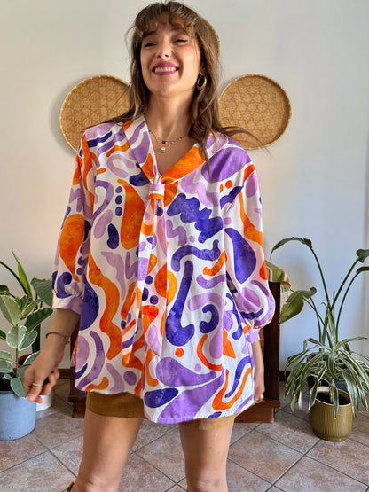 1970's vintage purple, orange and cream abstract print tie neck blouse
