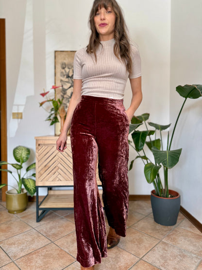 Burgundy crushed velvet wide leg trousers