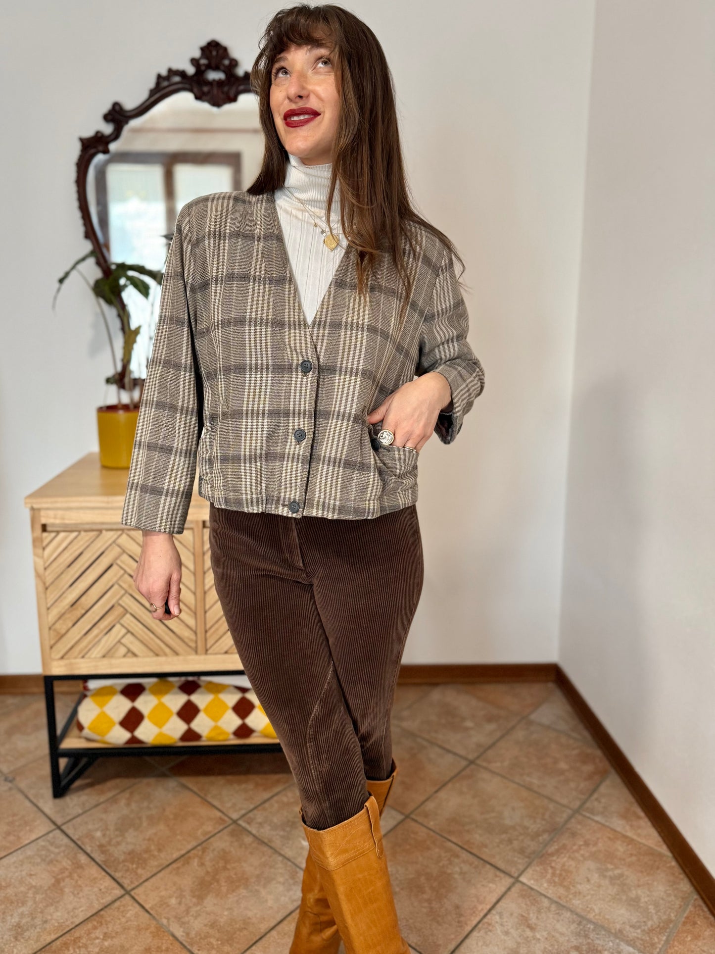 1970's vintage brown and cream plaid cropped blazer