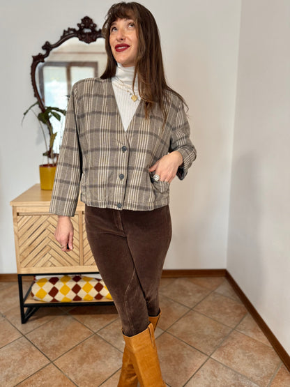 1970's vintage brown and cream plaid cropped blazer