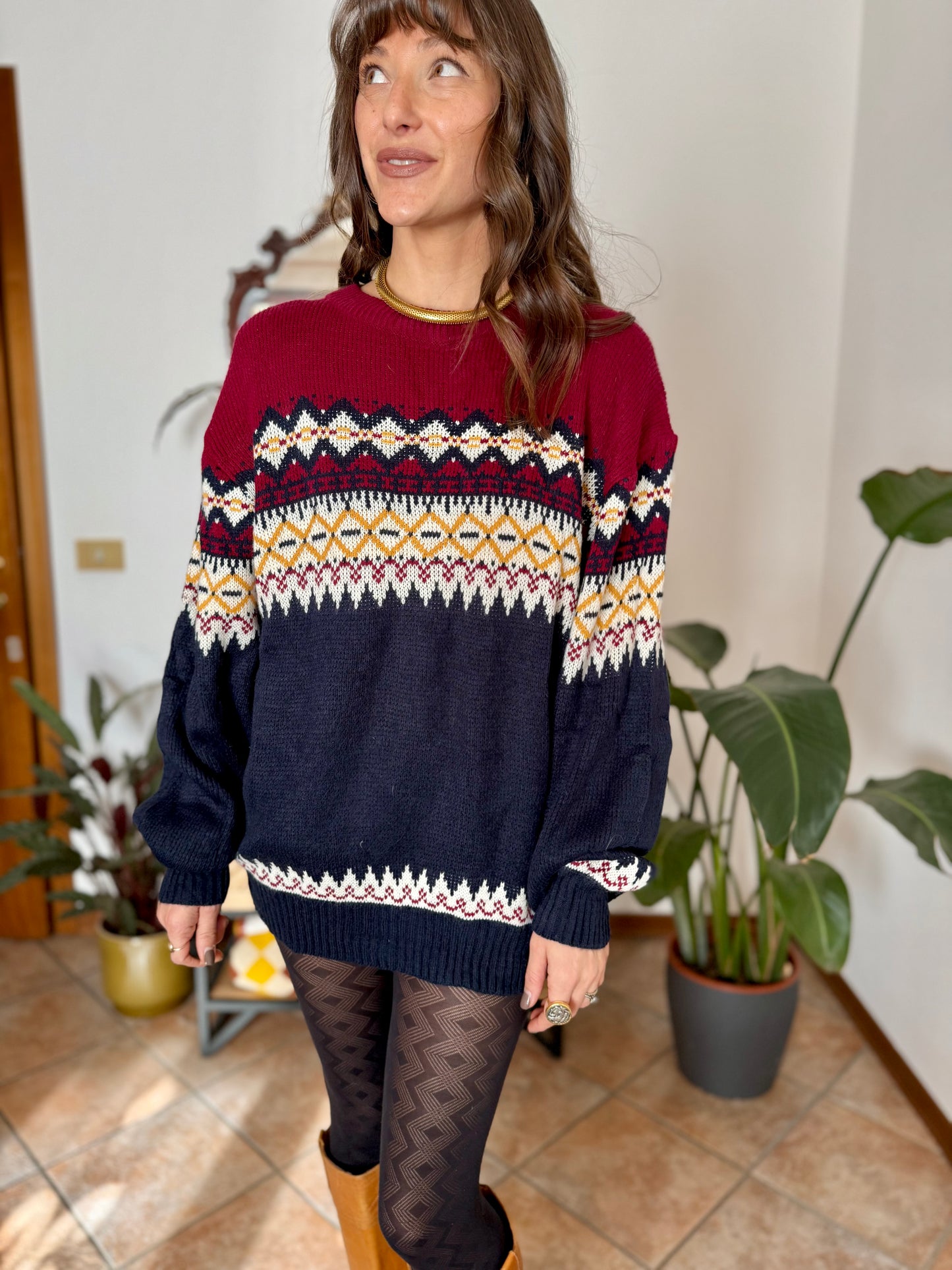 1980's vintage burgundy, navy and mustard yellow knit pullover dress