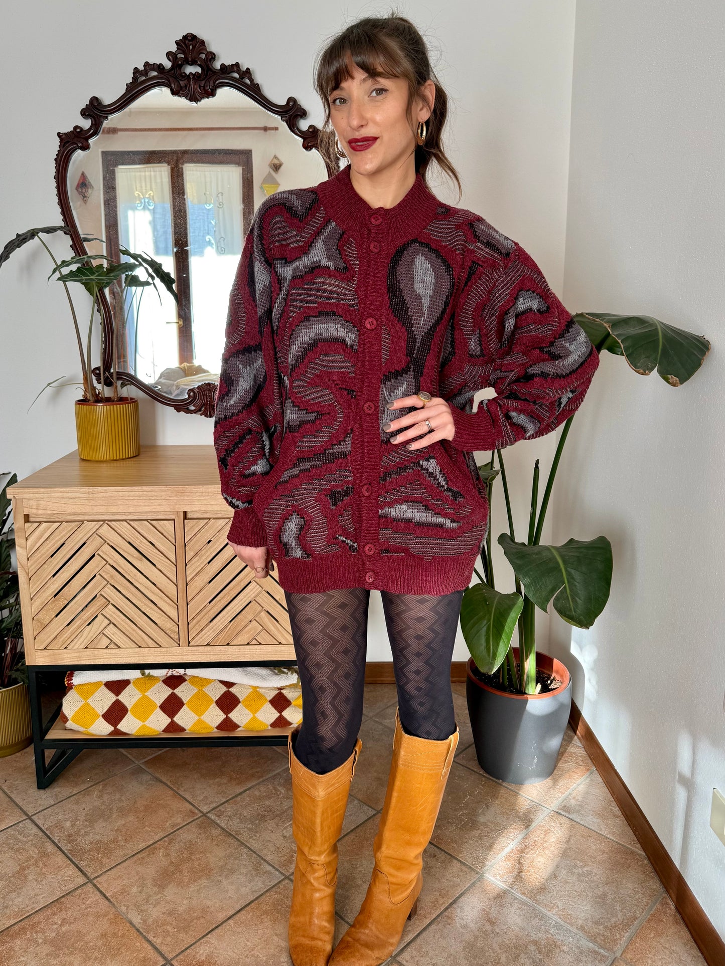 1970’s vintage burgundy, grey and black knit dress