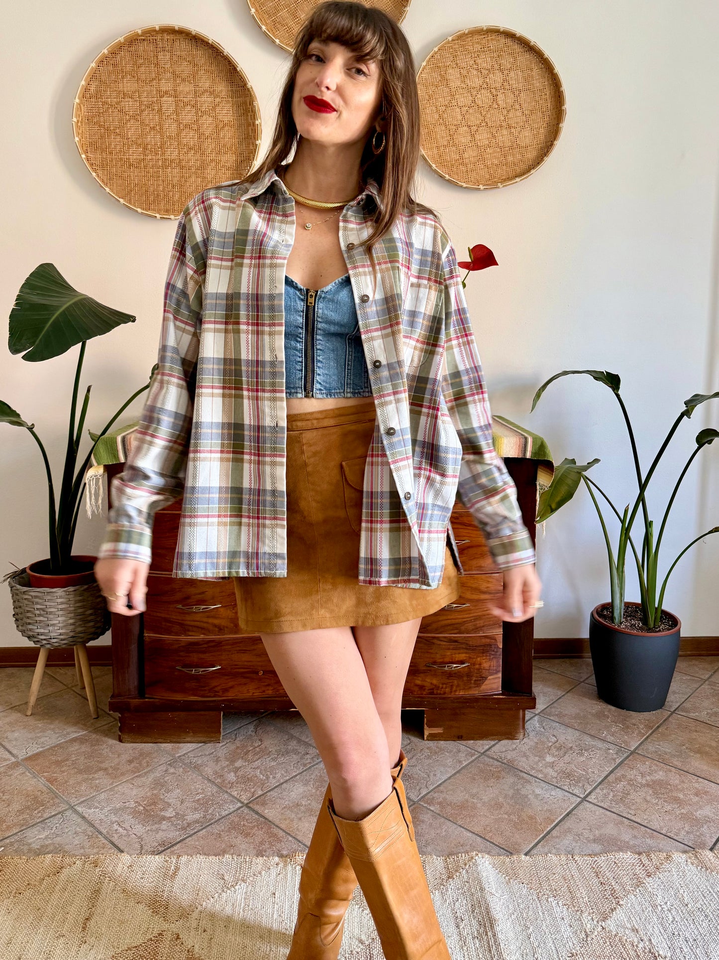 1970's vintage red, green and cream textured western style plaid button down shirt