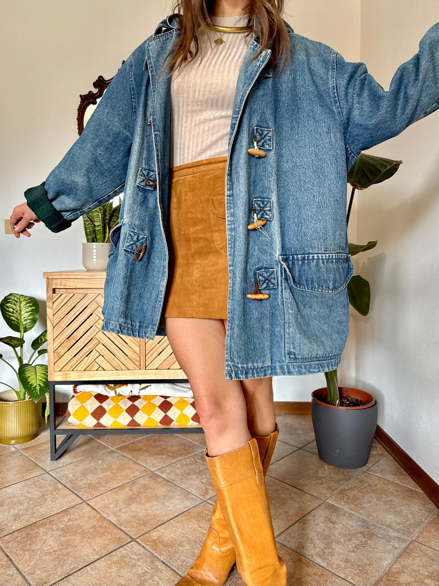 1990’s vintage denim duffle coat with green and navy plaid lining