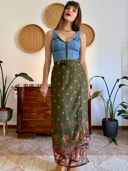 1990's vintage olive green, brown and dark orange floral wrap maxi skirt