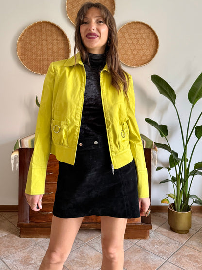Y2K vintage chartreuse jacket with silver metal details