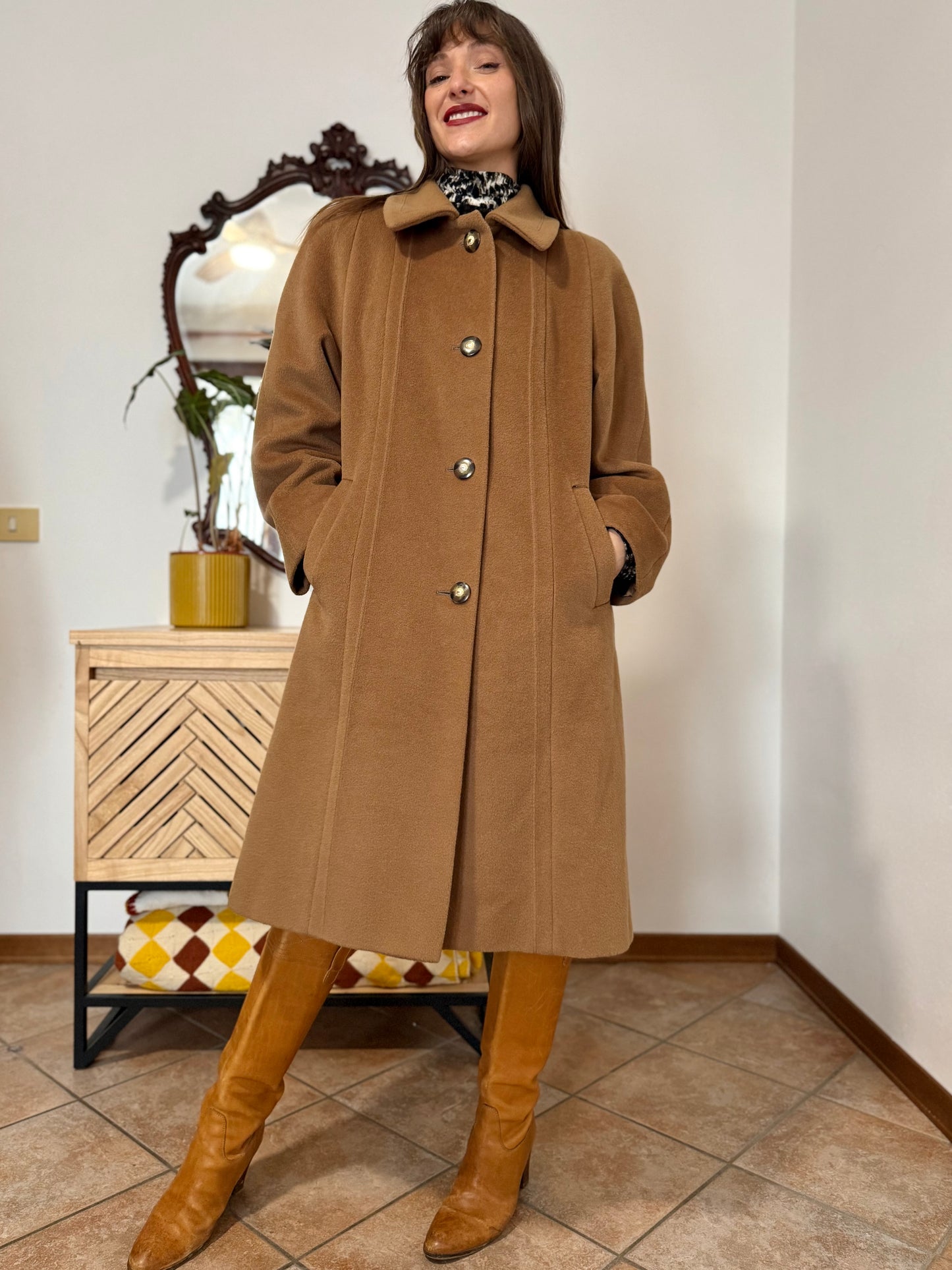 1970’s vintage tan wool overcoat with oversize button details