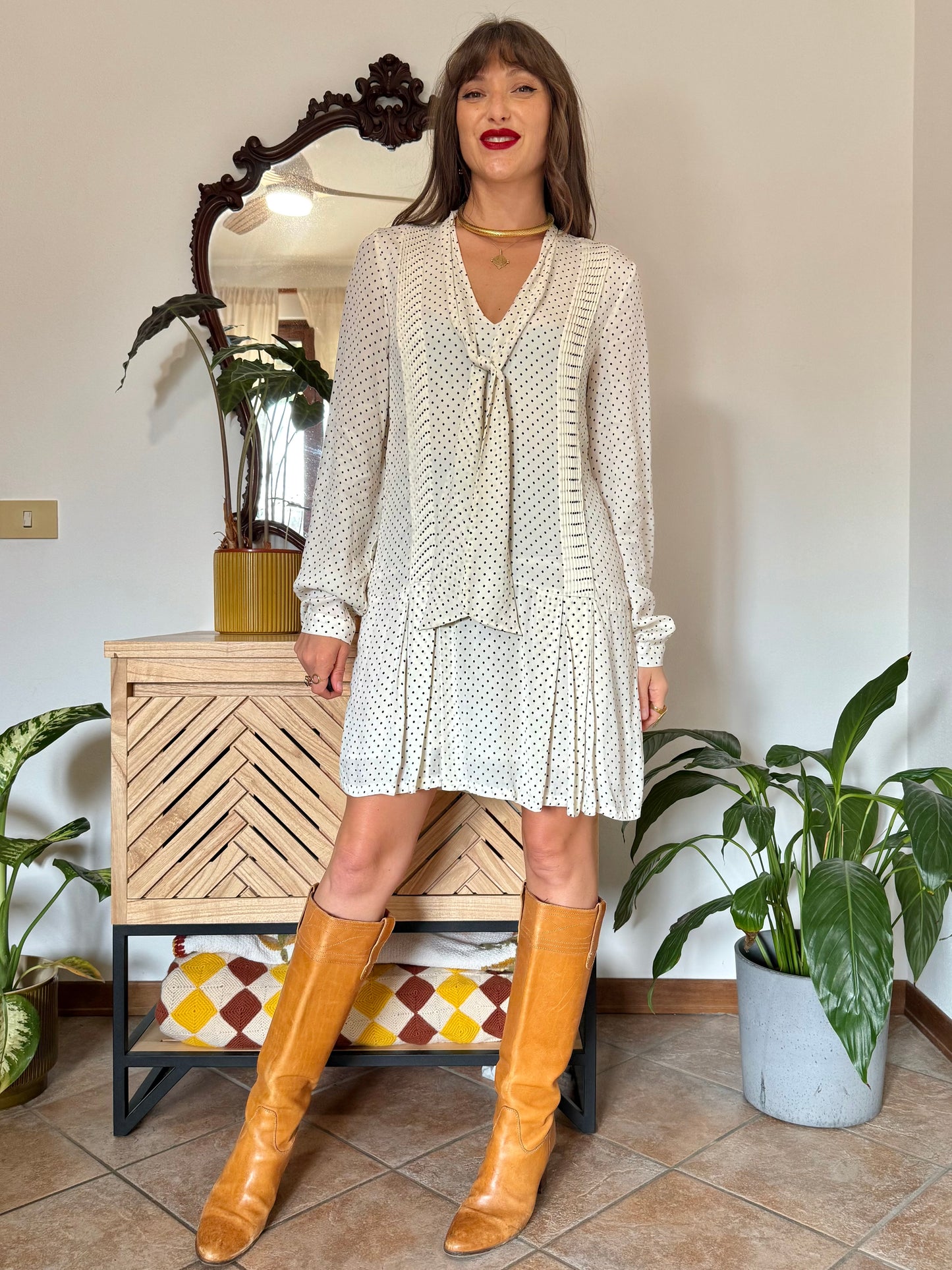 1990’s vintage cream pleated mini dress with black polkadots and bow tie neck