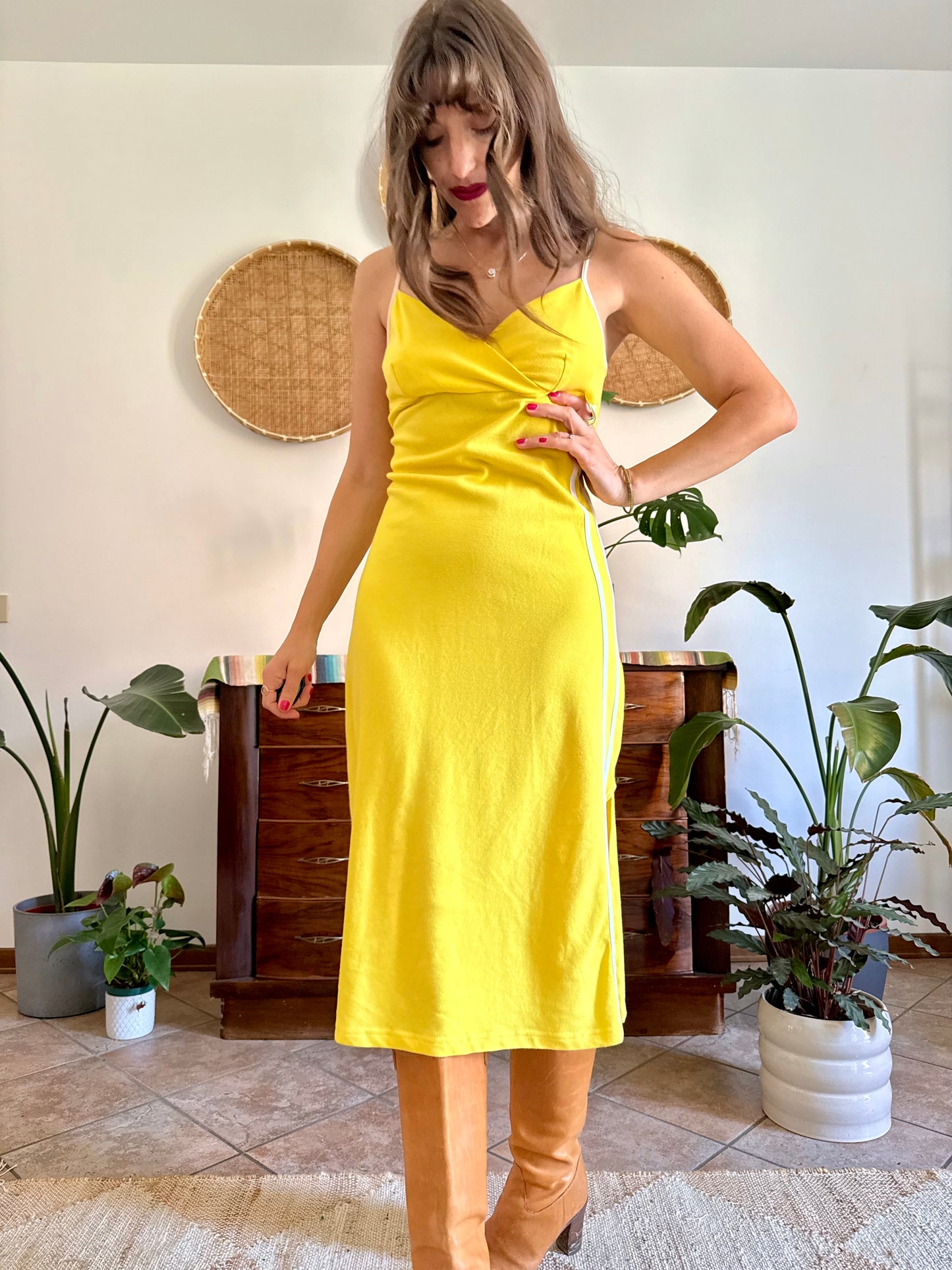 1990’s vintage canary yellow woven cotton midi dress with white stripe detailing