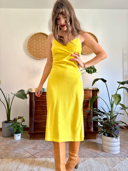 1990’s vintage canary yellow woven cotton midi dress with white stripe detailing