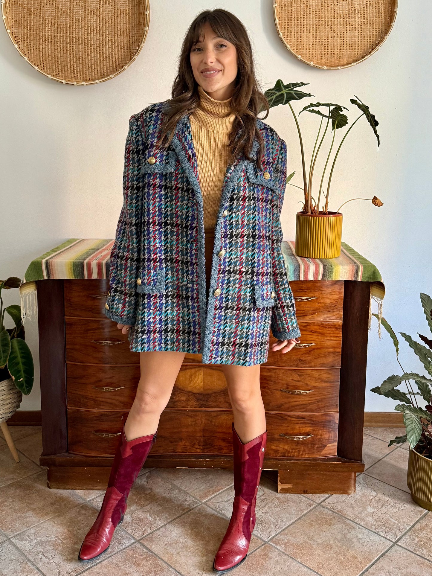 1970's vintage oversize wool blue, turquoise, and grey houndstooth plaid coat