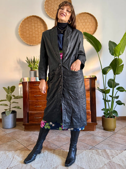 1990’s vintage butter soft black leather trench coat with lapel detail