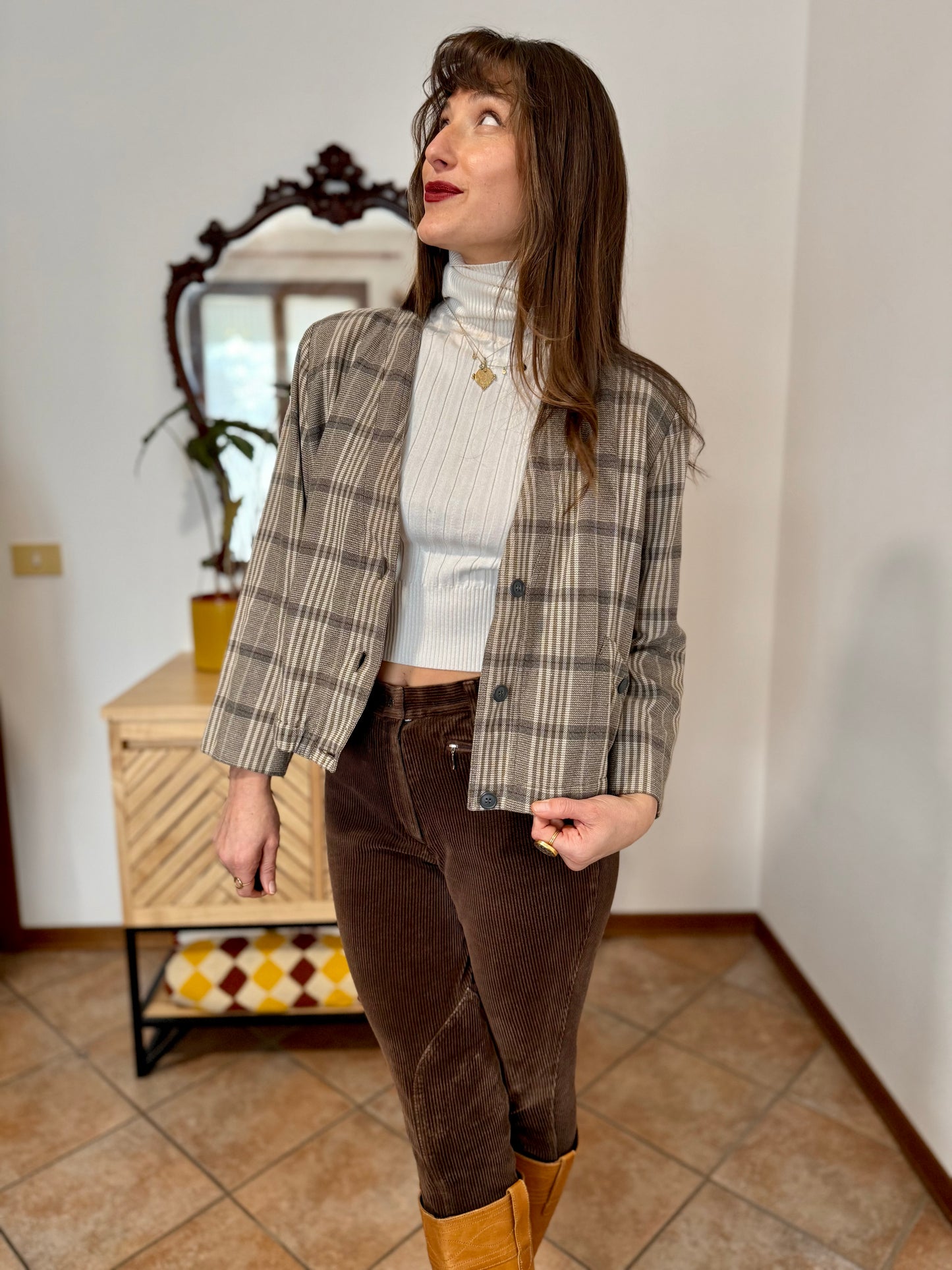 1970's vintage brown and cream plaid cropped blazer
