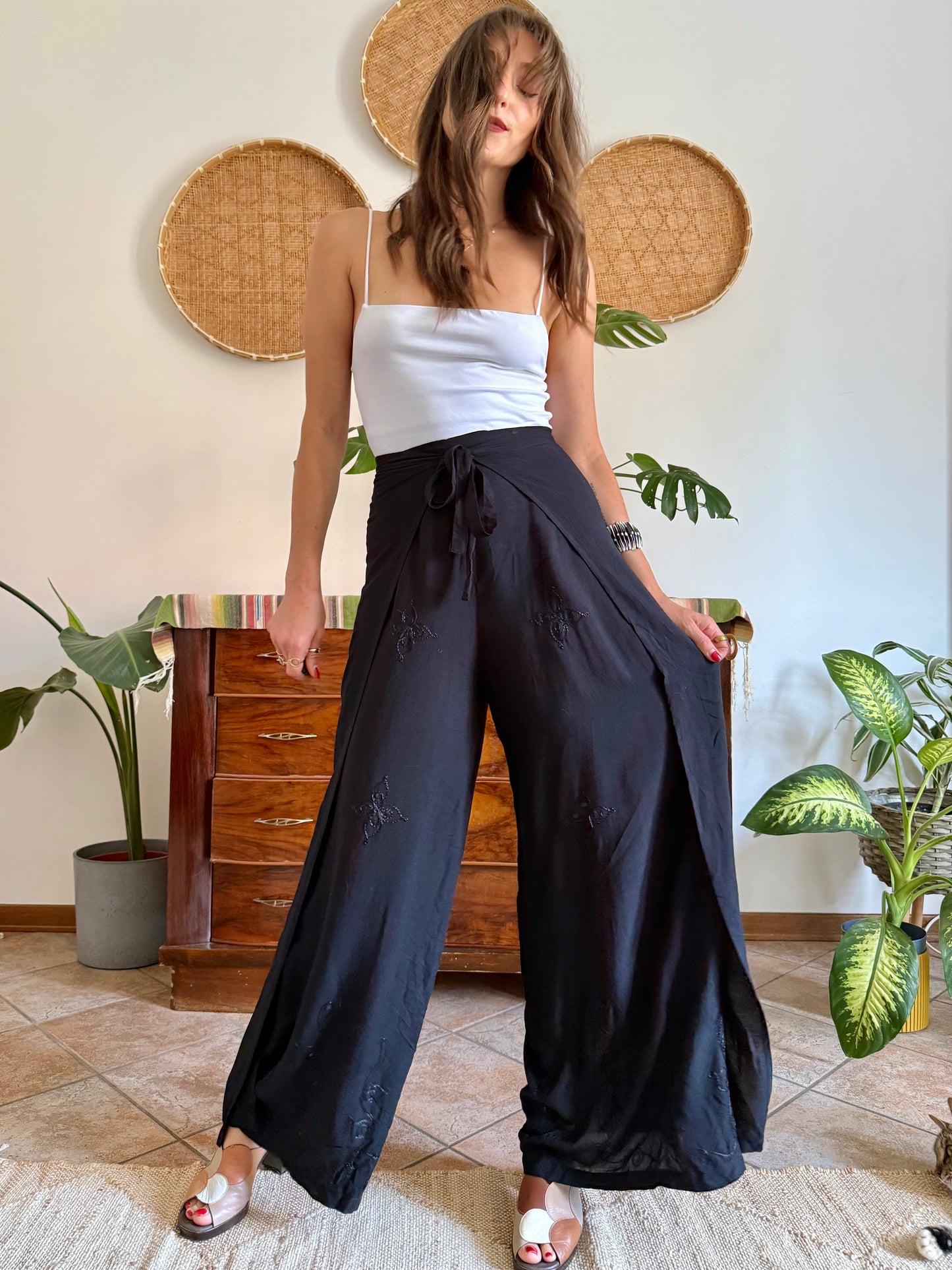 1990’s vintage black adjustable tie wide leg trousers with floral embroidery and sequin detailing