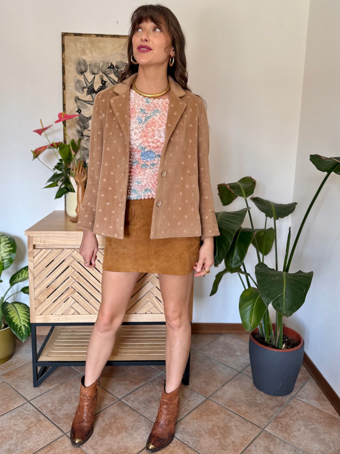 1990’s vintage tan cashmere jacket with metallic square woven pattern