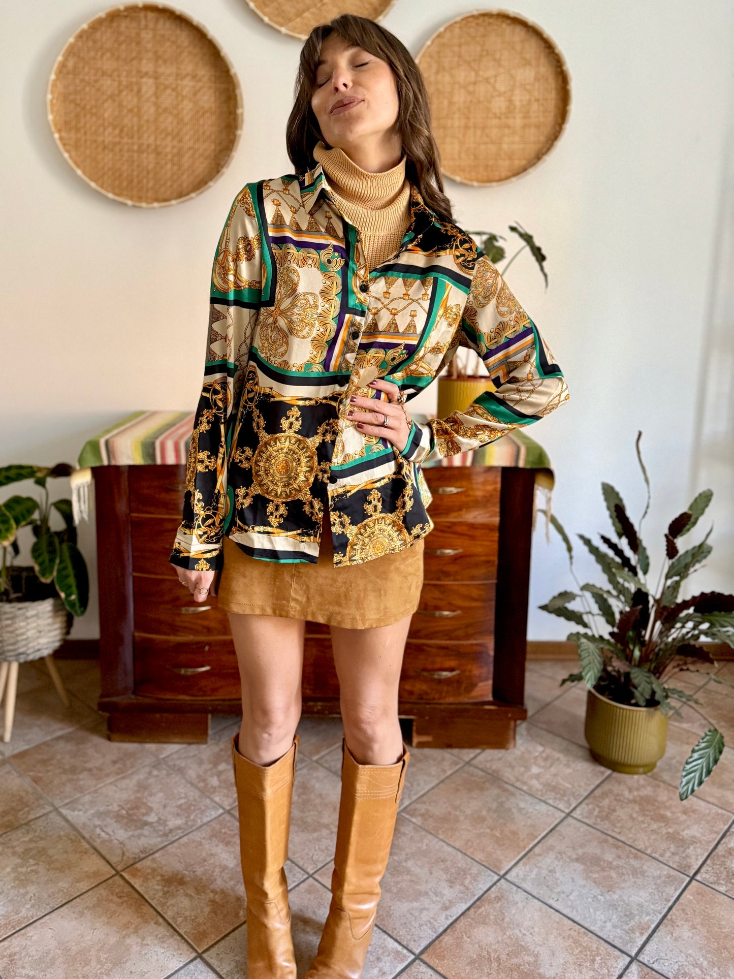 1990's vintage gold, green and yellow satin tassel print blouse