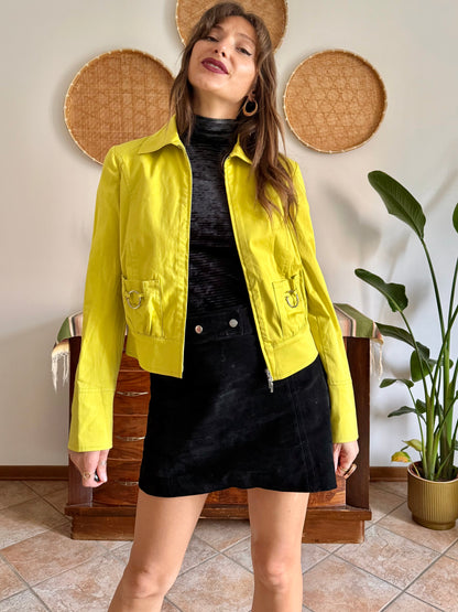 Y2K vintage chartreuse jacket with silver metal details