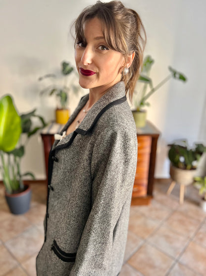 1990's vintage grey tweed oversize blazer with black trim