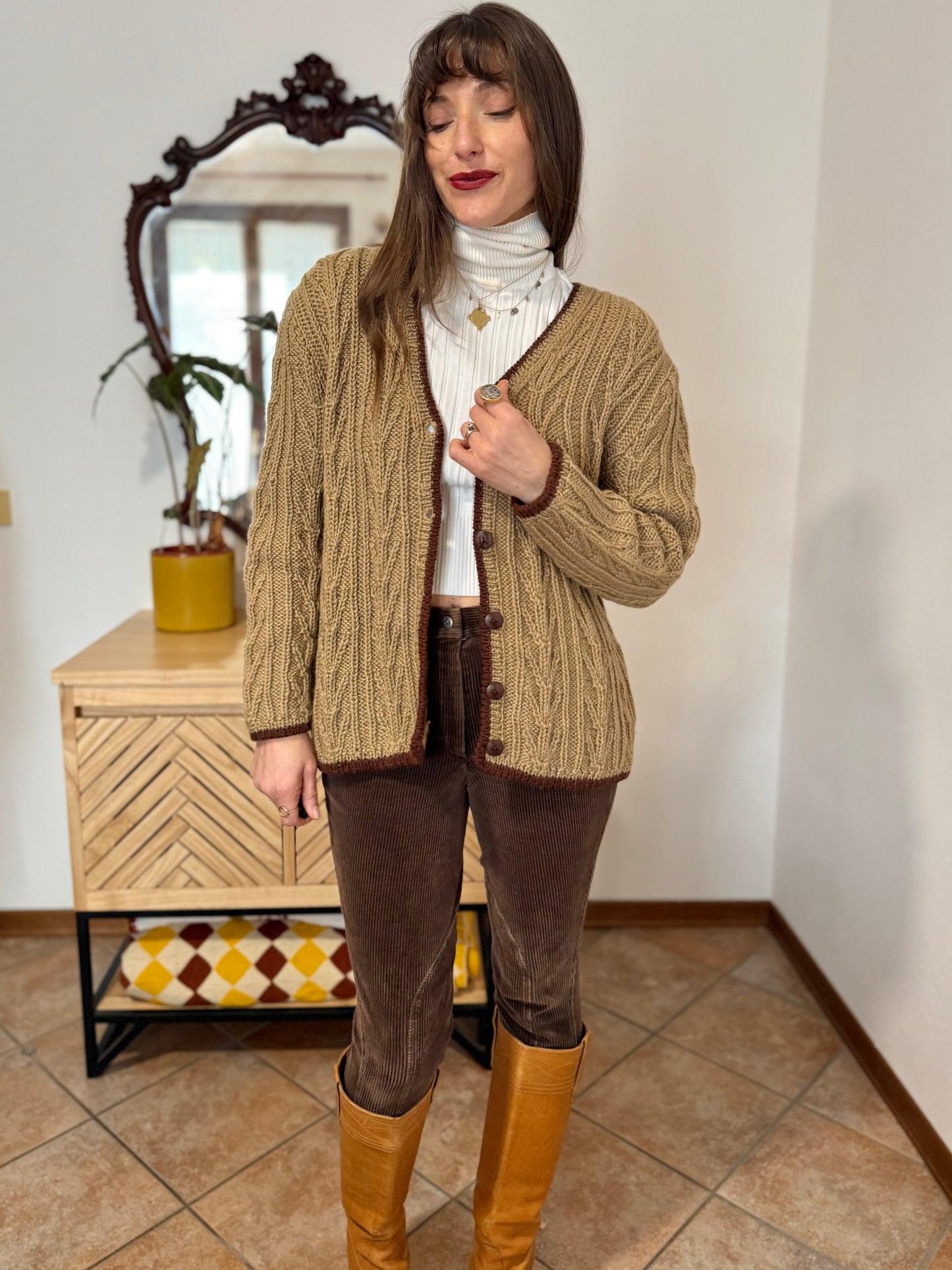 1970’s vintage tan hand knit wool cardigan with chocolate brown stitch trimming
