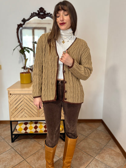 1970’s vintage tan hand knit wool cardigan with chocolate brown stitch trimming