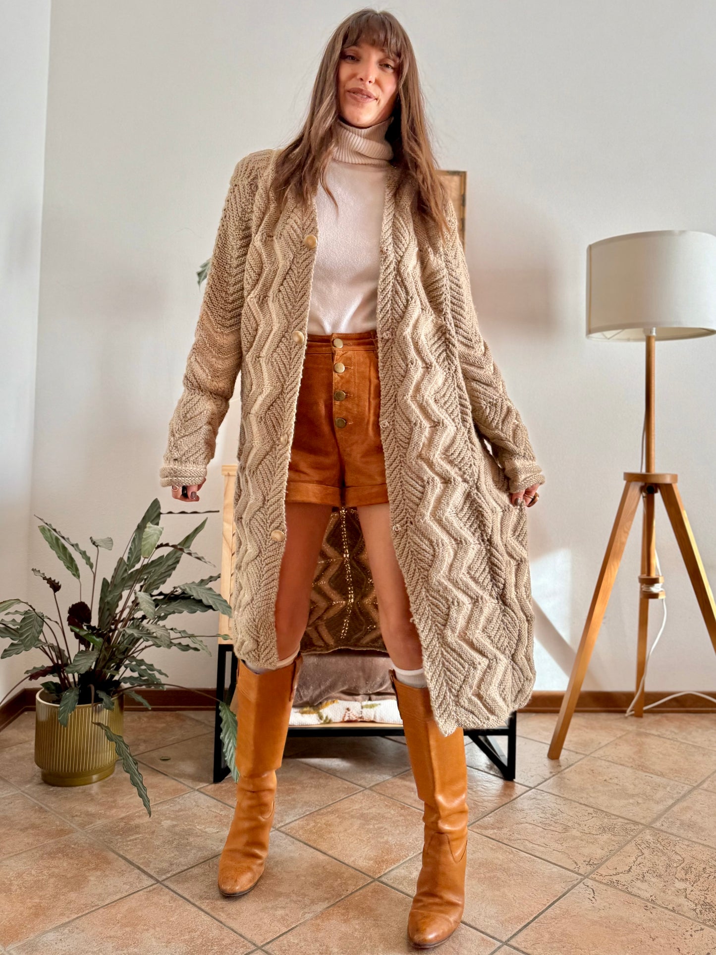 1970's vintage beige and cream chevron knit wool button down midi dress