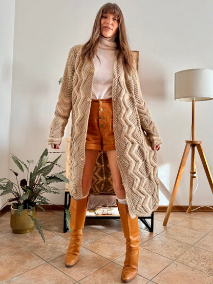 1970's vintage beige and cream chevron knit wool button down midi dress