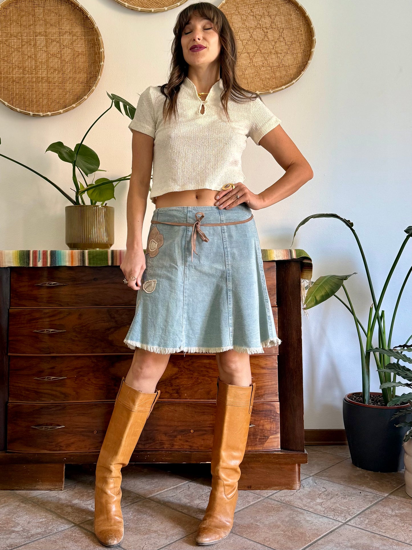Y2K vintage denim skirt with beige floral patch detailing