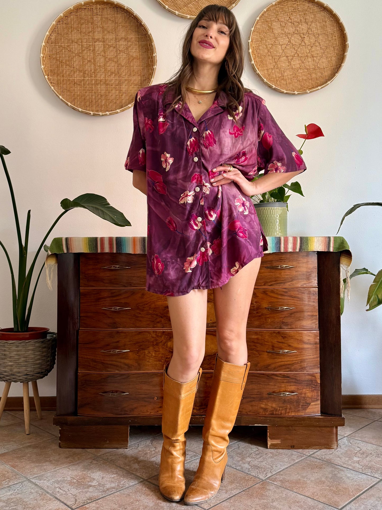 1980’s vintage fucsia and purple multi tonal floral shirt dress